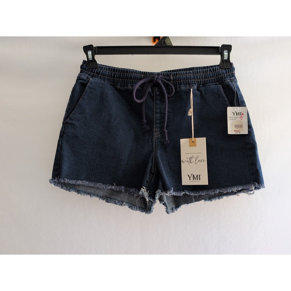 YMI Jeans USA Elastic Waist Drawstring Denim Shorts Fray Hem High Rise Size M